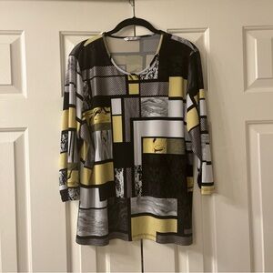 Allison Daley Black, White, and Yellow Geometric Blouse